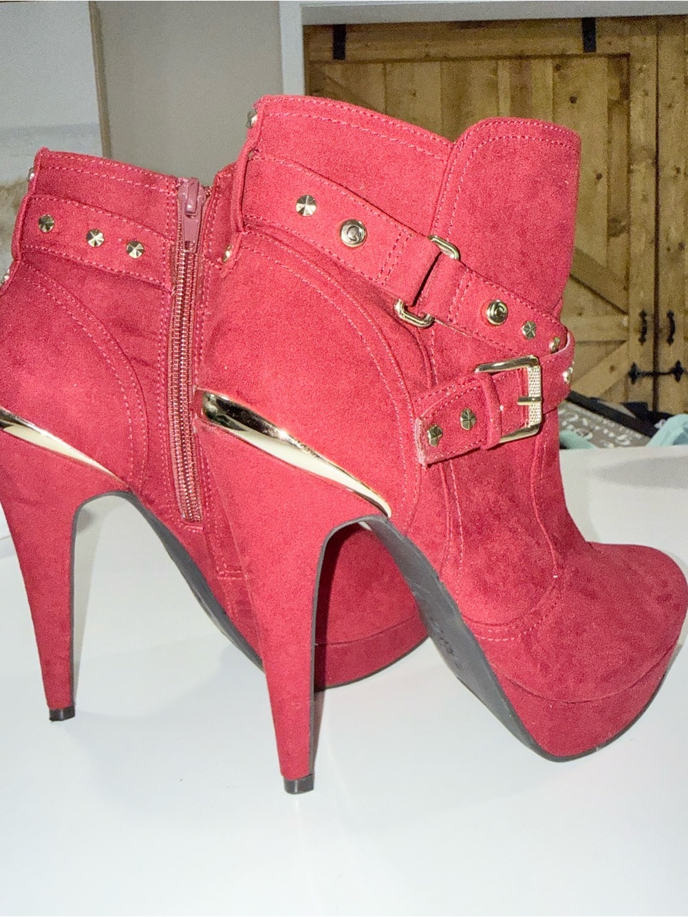 G by Guess Red Suede Studded Buckle Ankle Boots